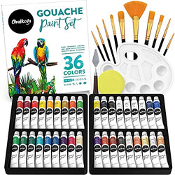 Chalkola Gouache Paint Sets for Artists, Adults & Kids - 36 Gouche Tubes (0.4oz, 12ml), 10 Painting Brushes, Knife, Sponge & Palette - Guache Watercolor Paint in Classic, Pastel & Metallic Colors