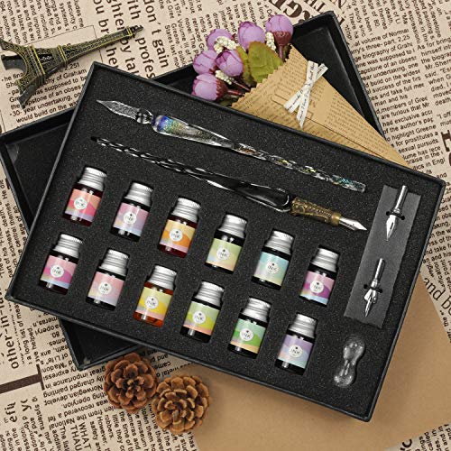 ESSSHOP Calligraphy Glass Dip Pens and Ink Set, 17 Pcs Glittering Rainbow Crystal Pen, Retro Carving Glass Pen, 2 Replacement Nibs, 12 Inks for