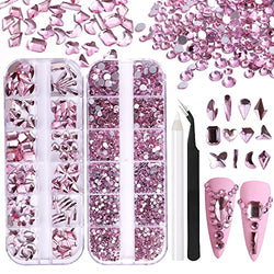 Pink Nail Art Rhinestones 2120Pcs Crystal Rhinestone for Nails Multi Size Shapes Light Pink Flatback Diamond Crystals Gems Nail Charms for Nail Art Craft DIY Clothes Shoes Jewelry
