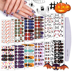 12 Sheets Halloween Full Wrap Strips Nail Polish Stickers, Kalolary Halloween Nail Art Stickers Strips Self-Adhesive Nail Full Wraps with Pumpkins Bats Skulls Cats Spiders Ghosts and Nail File