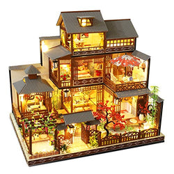 Spilay Dollhouse DIY Miniature Wooden Furniture Kit,Mini Handmade Big Japanese Courtyard Model Plus with LED & Music Box ,1:24 Scale Creative Doll House Toys for Adult Gift