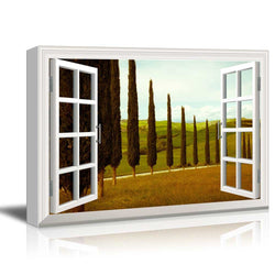 wall26 - Creative Window View Canvas Prints Wall Art - Tuscan Countryside with Cypress and Meadow - 24" x 36"