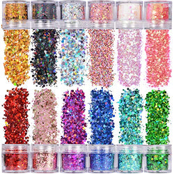 Warmfits Holographic Chunky Glitter 12 Colors Total 120g Face Body Eye Hair Nail Festival Chunky Holographic Glitter Different Size, Stars and Hexagons Shaped (Set A)