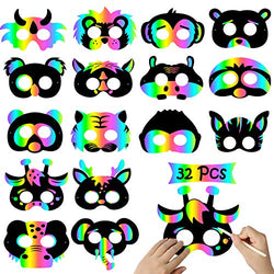WATINC 32Pcs Scratch Paper Animal Masks, DIY Rainbow Color Mask for Magic Scratch Party Favors, Birthday Gifts Pack for Children, DIY Art Craft Kit for Kids, 16 Styles with Elastic Bands &Wood Stylus
