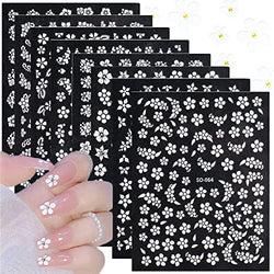 Flower Nail Art Stickers Decals, 8 Sheets White Cherry Blossom Nail Design 3D Nail Art Supplies Accessories Self-Adhesive White Floral Nails Decals for Nail Decorations Manicure Craft Tips Charms