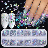 Holographic Nail Art Glitter Sequins Nail Art Supplies Flakes 12 Grids Laser Silver Nail Decals 3D Butterfly Nail Glitters Star Heart Unicorn Nail Art Sticker Confetti for Acrylic Nails Decorations