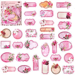 Flower Paper Stickers Set, 60Pcs Spring Flower Floral Lable Stickers, Scrapbooking Journal DIY Stickers, Can Be Write Plant Lable Stickers Aesthetic for Diary Planner Notebook DIY Arts Crafts (Pink)