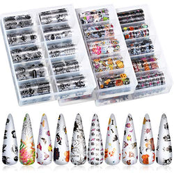 30 Rolls Halloween Nail Foil Transfer Stickers 30 Colors Pumpkin Spider Skull Witch Patterns Nail Decals Adhesive Glitters Nail Design Stickers for Halloween DIY Nail Decoration