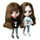 Doublewood 1/6 Fashion Doll Clothing Handmade Casual Carton T-Shirt + Jeans/Pants Replacement for Blythe Doll, Dress Up Accessories Doll Clothes Compatible with Blythe ICY Pullip Doll (White)