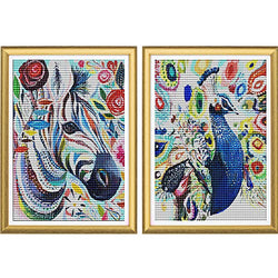 SKRYUIE 2 Pack 5D Diamond Painting Colorful Zebra & Peafowl Full Drill Paint with Diamond Art, Animal Peacock DIY Painting by Number Kit Embroidery Rhinestone Home Decor 30x40cm (12"x16")