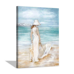 Abstract Beach Artwork Ocean Picture: Modern Women with Umbrella Sea Print Coastal Wall Art on Canvas for Bedroom (24" x 18" x1 Panel)