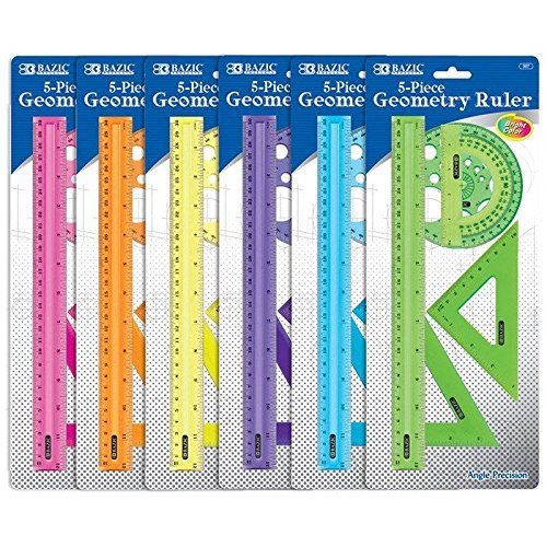 3 Pk, Bazic 5-Piece Geometry Ruler Combination Sets (Colors will vary)