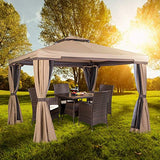 SUNCROWN Outdoor Patio Garden Gazebo 10 x 10 FT All-Season Permanent Gazebo with Vented Soft Canopy, Double Square Tops and Mosquito Netting- Beige, Front Porch, Sand