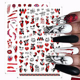 8 Sheets Halloween Nail Art Stickers 3D Halloween Nail Decals Self-Adhesive DIY Nail Art Decorations Horror Red Bloody Wound Blood Skull Spider Nail Sticker for Women Kids Girls Manicure