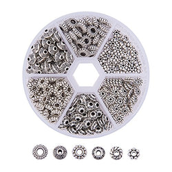 Pandahall Elite1 Box 300 PCS 6 Style Tibetan Silver Spacer Beads Jewelry Findings Accessories for