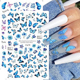 Butterfly Nail Art Stickers Decals Blue Butterflies Flowers 3D Nail Sticker Summer Floral Leaves Adhesive Transfer Decal Slider Nail Decorations for Acrylic Nails DIY Nail Art Supplies 10 Sheets