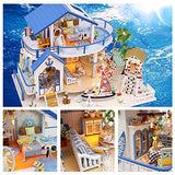 DIY Dollhouse Wooden Miniature Furniture Kit Blue Modern Villa DIY Mini Real House Room Assembly Building Kit Festival Birthday Gifts for Adults Teens Girls with LED Light Dust Cover Music Movement