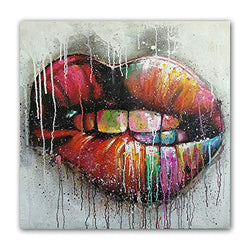 Faicai Art Abstract Sexy Lips Wall Art Mouth Art Hand Painted Colorful 3D Textured Canvas Paintings Modern Living Room Wall Decor Bedroom Wall Art for Home Decoration Framed Ready to Hang 32"x32"