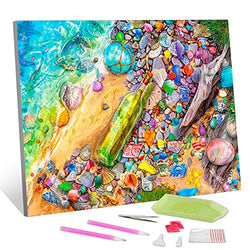 Beach Diamond Painting Drifting Bottle Round Full Drill Diamond Art Kits Ocean Diamond Painting Kits for Adults, Cross Stitch Embroidery Family Home Decoration Gift DIY Crafts Girls Gift 12×16Inches
