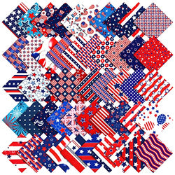 100 Pcs 8 x 8 Inches Patriotic Fat Quarters Stars Stripes Fabric Bundle Squares Independence Day American Flag Printed Sewing Patchwork Fabric 4th of July Fabric for DIY Crafts