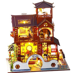 Dollhouse Miniature with Furniture, DIY Wooden Doll House Kit Chinese-Style Plus Dust Cover and Music Movement, 1:24 Scale Creative Room Idea Best Gift for Children Friend Lover (Smokey Pavillion)
