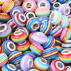 RUBYCA 50Pcs Mix Striped Large Hole Beads Acrylic fit European Charm Bracelet for Jewelry Making