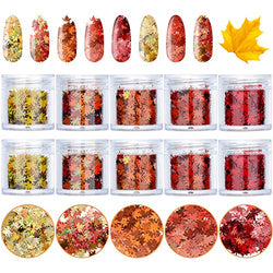 10 Boxes Thanksgiving Maple Leaf Nail Sequins Halloween Fall Leaf Nail Design Glitter Christmas Holographic Nail Design Sequins Nail Decals Accessories for Women Girls DIY Nail Design Decoration