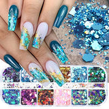 5 Boxes Nail Art Glitter Sequins, Careuoklab Irregular Colorful Mermaid Iridescent Glitter Flakes Hearts Butterfly Holographic Nail Art Decoration Sets for Craft DIY Makeup