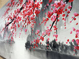 Handmade Traditional Chinese Painting Pink Plum Blossom Canvas Wall Art Modern Black and White Landscape Artwork