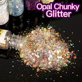 Opal Chunky Glitter, Set of 24, LEOBRO Holographic Craft Glitter for Resin Art Crafts, Cosmetic Glitter for Nail Body Face Eye, Iridescent Sparkle Sequin Flake Glitter for Slime Jewelry Making