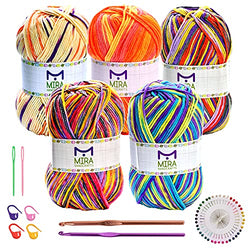 Mira Handcrafts Acrylic Yarn Large Skeins 3.53 Ounce(100g) Each – 5 Variegated Color Knitting and Crochet Yarn Bulk – Crochet Kit Included – Ideal Beginners Kit (Sunny)