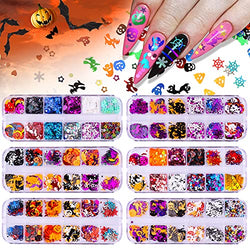 6 Boxes Halloween Nail Art Glitter Sequins, Spider Pumpkin Skull Bat Ghost Witch Shape Holographic Laser Confetti Glitter for DIY Nail Art Decoration Makeup Resin Mold DIY