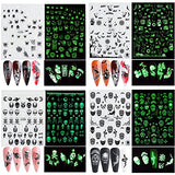 Luminous Halloween Nail Art Stickers 3D Halloween Nail Decals Halloween Nail Designs Supplies Horror Alien Ghost Face Skull Pumpkin Snake Bat Spider Witch Nail Sticker for Women Girls (8 Sheets)