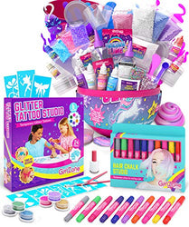GirlZone Bundle: Unicorn Egg Sparkly Surprise Slime Kit for Kids, Hair Chalk Set For Girls & Temporary Glitter Tattoos Kit for Girls, Great Christmas Gifts for Girls