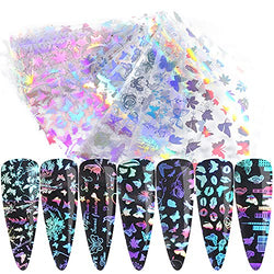 Holographic Butterfly Nail Foils, 3D Holographic Nail Stickers Butterfly Lip Leaf Nail Art Decals Holographic Starry Sky Design Tips Wraps Foil Transfer DIY Nail Decoration for Women Girls(10Sheets)