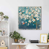 Canvas Wall Art Flower Bird Wall Decor for Bedroom Bathroom Framed Artwork for Walls Modern Wall Decorations prints picture for Kitchen Home Decor Size 14x14 Painting of White Flowers Tree Green Back