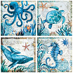 4 Pcs DIY 5D Diamond Painting Kits for Adults Kids Turtle Whale Octopus Sea Horse Diamond Gem Art Beads Painting Sea Themed Adult Wall Decor for Adults Kids Home Decor, 11.81 x 11.81 Inches