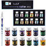 15 Pieces Glass Ink Pen Set Rainbow Crystal Pen Glass Dip Pens with 12 Bottles Colorful Inks for Gift Cards Writing Signatures Calligraphy