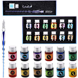 15 Pieces Glass Ink Pen Set Rainbow Crystal Pen Glass Dip Pens with 12 Bottles Colorful Inks for Gift Cards Writing Signatures Calligraphy