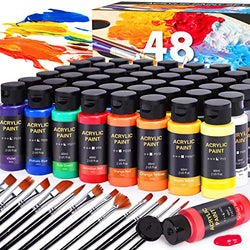 Acrylic Paint Set, 48 Colors (2 oz/Bottle) with 12 Art Brushes, Art Supplies for Painting Canvas, Wood, Ceramic & Fabric, Rich Pigments Lasting Quality