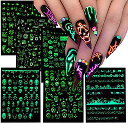 6 Sheets Luminous Black White Halloween Nail Art Stickers,Glow in Dark,3D Self-Adhesive Ghost Pumpkin Spider Web Cat Bat Design Nail Decals for Acrylic Nail Supplies,DIY Nail Decorations Accessories