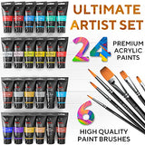 Premium Quality Acrylic Paint Set 24 Colors - 1.38oz (38ml) - with 6 Nylon Brushes - Safe for Kids & Adults - Perfect Kit for Beginners, Pros & Artists to Create Amazing Paintings and Artwork