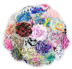 JLIKA (50 pieces) Shabby Flowers - Chiffon Fabric Roses - 2.5" - Prints - Assorted Color Mix -