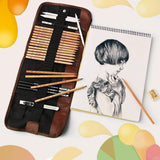 KOBWA Professional Sketch Drawing Kit, 18 Pieces Art Set of Charcoal Sketching Pencils, Erasers, Paper Pens, Pencil Extenter, Craft Knief & Canvas Pouch for Kids Adults Artists