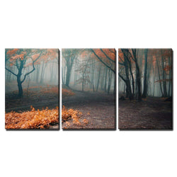 wall26 - 3 Piece Canvas Wall Art - Trees with Red Leafs in a Mysterious Fantasy Forest with Fog - Modern Home Decor Stretched and Framed Ready to Hang - 16"x24"x3 Panels