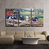 wall26 - 3 Piece Canvas Wall Art - Landscape with Cows in Lower Saxony - Hand Painted Acrylic Paint Sketch on Board - Modern Home Decor Stretched and Framed Ready to Hang - 24"x36"x3 Panels