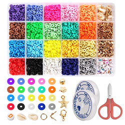 4800 Pcs Clay Beads for Jewelry Marking, 20 Colors Flat Round Polymer Heishi Clay Spacer Beads with 300 Pcs Letter Beads and Pendant Charms Kit for DIY Bracelets Necklace-6mm