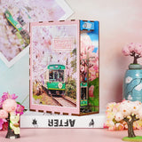 Book Nook Kit DIY 3D Wooden Puzzles Dollhouse Bookshelf Insert Diorama Decor Alley Cherry Blooming Season Personalized Assembled Bookends Build-Creativity Kit with Sensor Lights for Teens and Adults