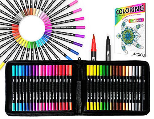 TOOLI-ART 36 Dual Tip Brush Pens Art Markers Set Flexible Brush and 0.4mm Fineliner with Case - Coloring Journaling Lettering
