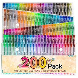 200 Glitter Gel Pen Set, Reaeon 100 Gel Markers Plus 100 Colors Refills Glitter Neon Pen for Adults